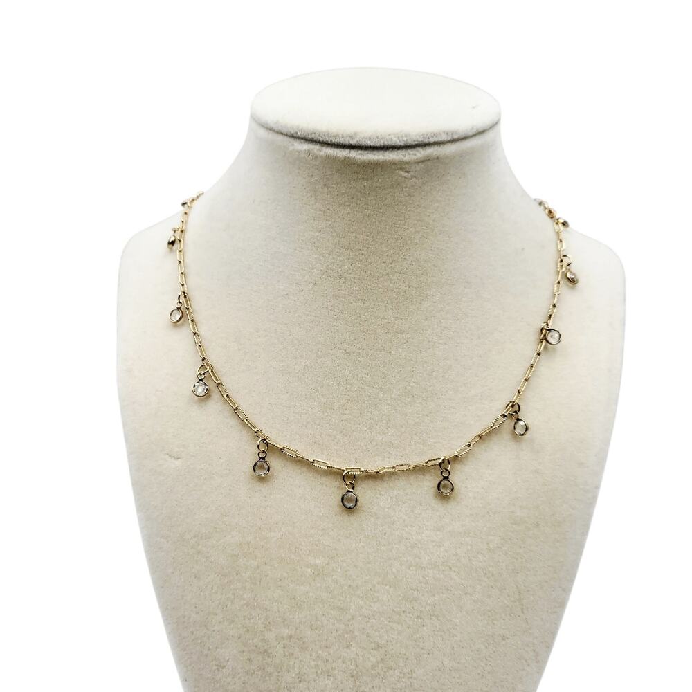 8.5" Dangling Clear Inset Crystals Gold Chain Station Necklace Dainty Feminine
